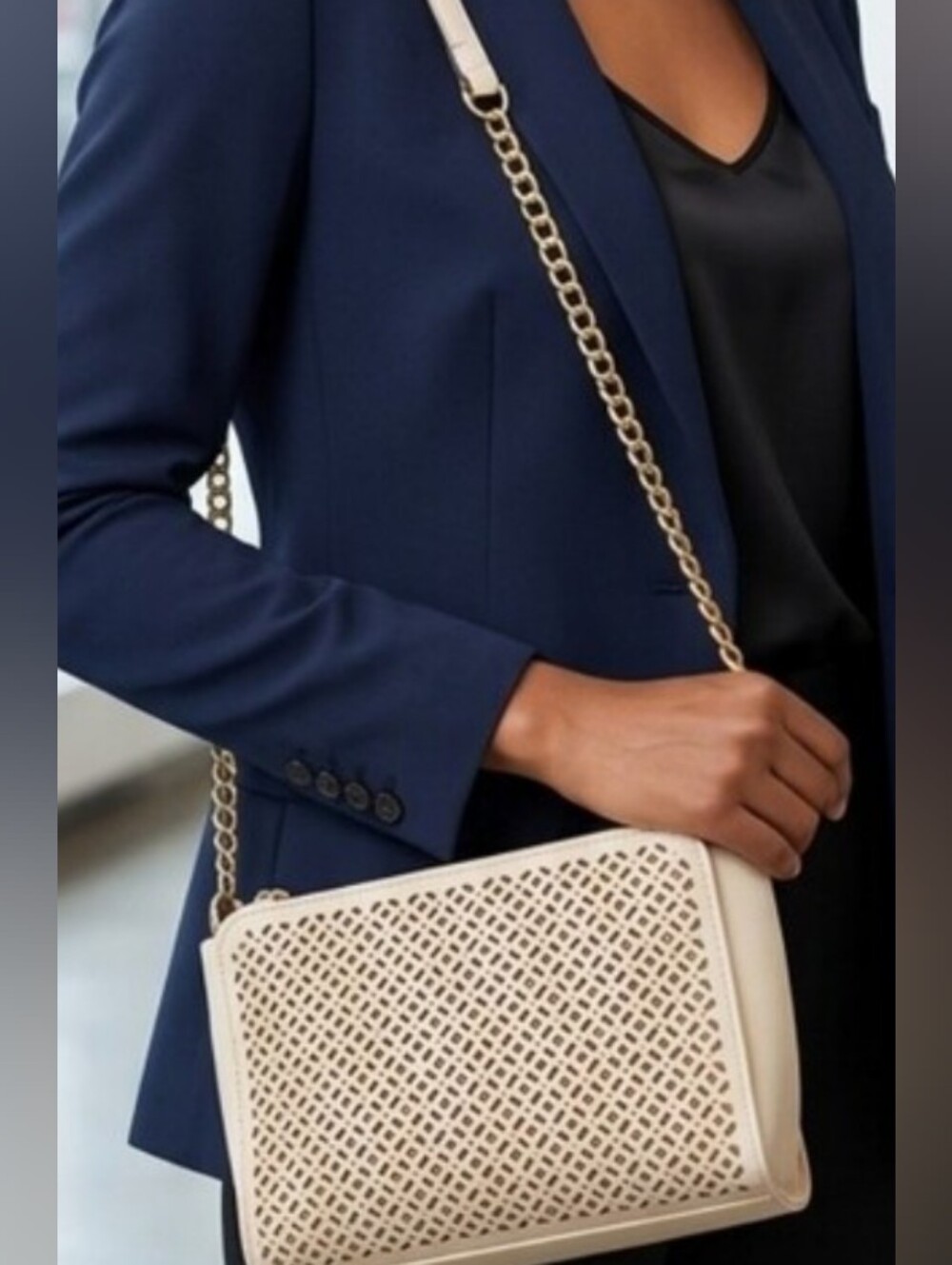 Jessica Simpson Cream Laser-Cut Crossbody with Gold Chain